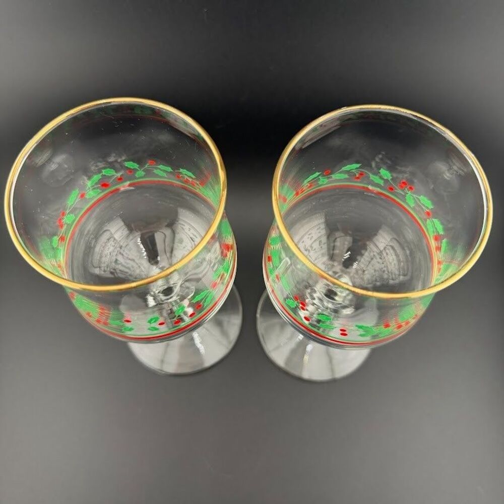 2 Vintage Libbey Arby's Christmas Holly Berry Wine Glasses, Bow Stem, Gold Rim - Picture 3 of 6